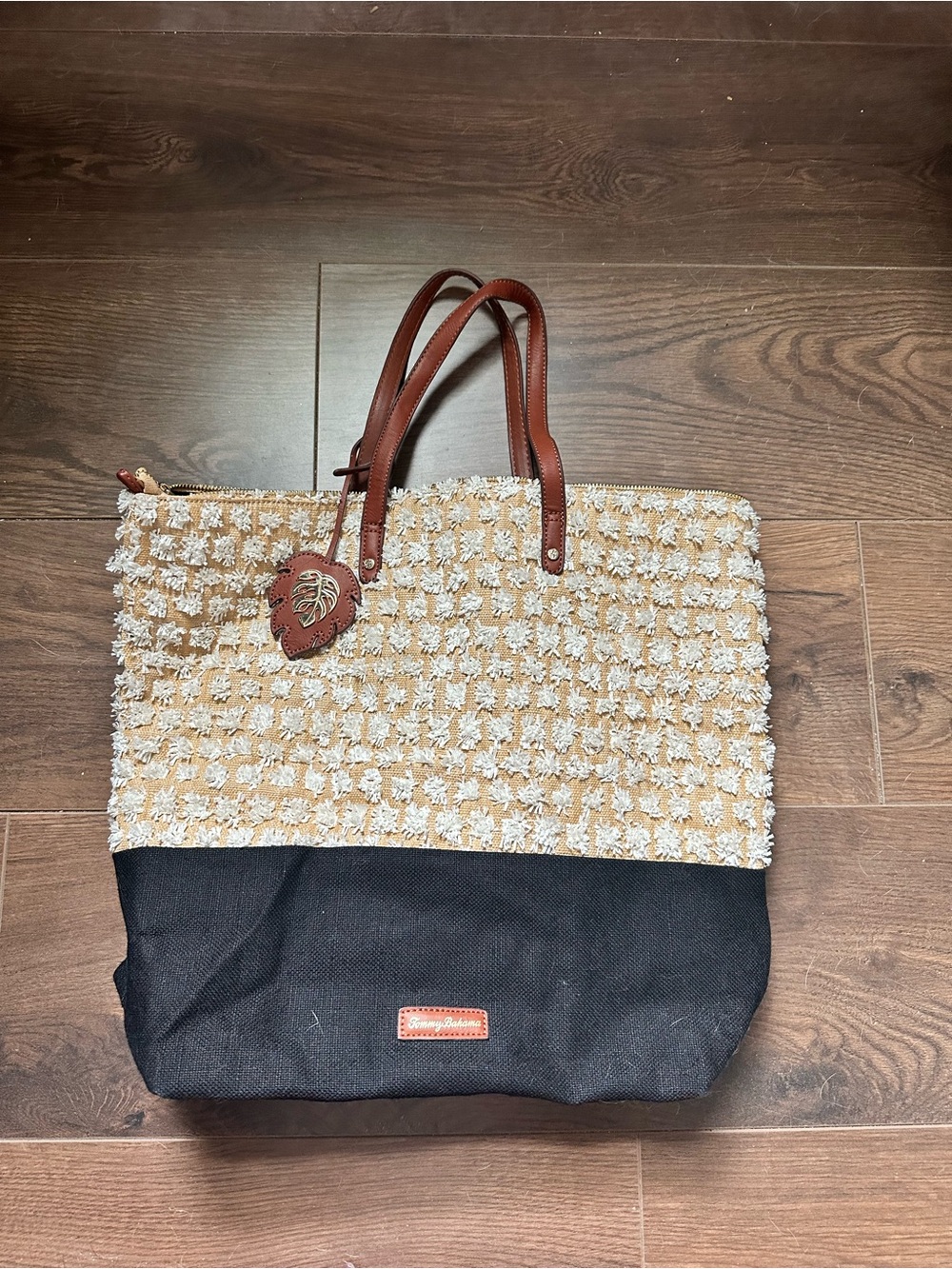 Tommy Bahama Cream and Black Tote with Brown Handles